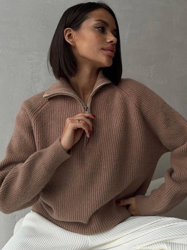 Damen Gerippter Wollmix-Pullover mit halbem Reißverschluss und weitem Stehkragen Drune