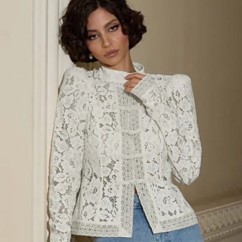 Damen Spitzen-Bluse mit feinen Rüschendetails und transparenten Ärmeln Drune