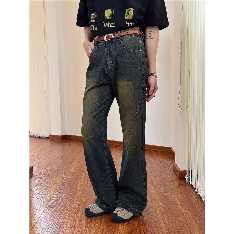 Herren Schlagjeans aus Denim mit hohem Bund und Vintage-Waschung