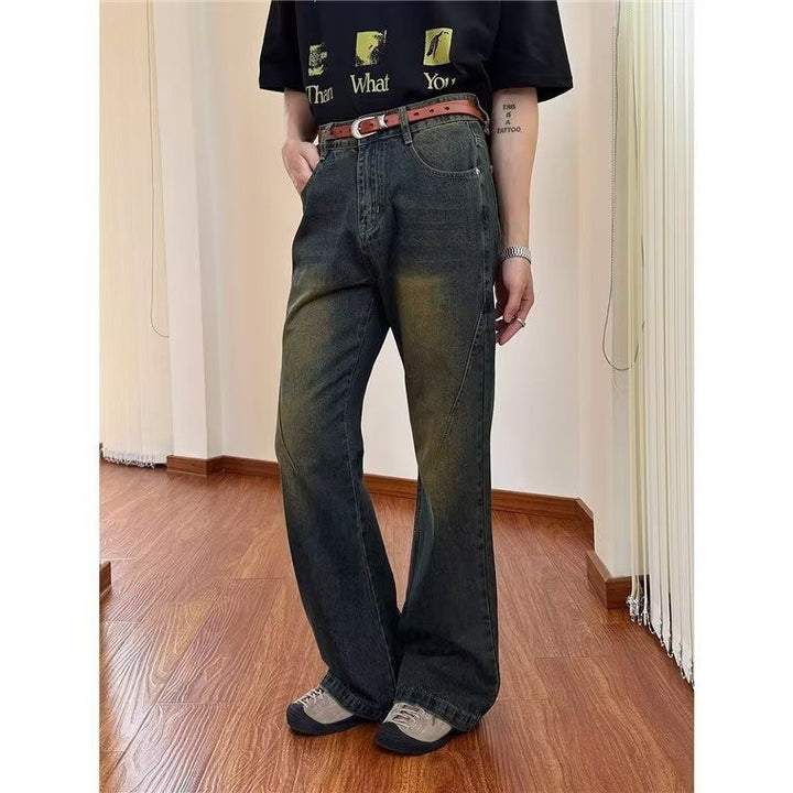 Herren Schlagjeans aus Denim mit hohem Bund und Vintage-Waschung