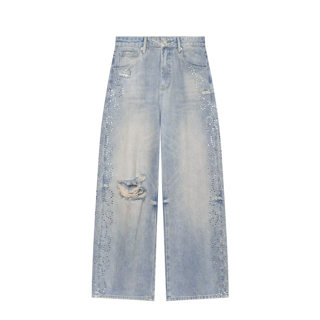 Damen High Waist Jeans mit weitem Bein, Destroyed-Details und Nietenapplikation Drune