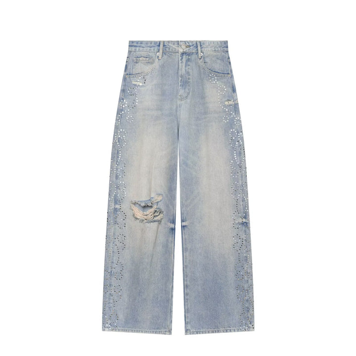 Damen High Waist Jeans mit weitem Bein, Destroyed-Details und Nietenapplikation Drune