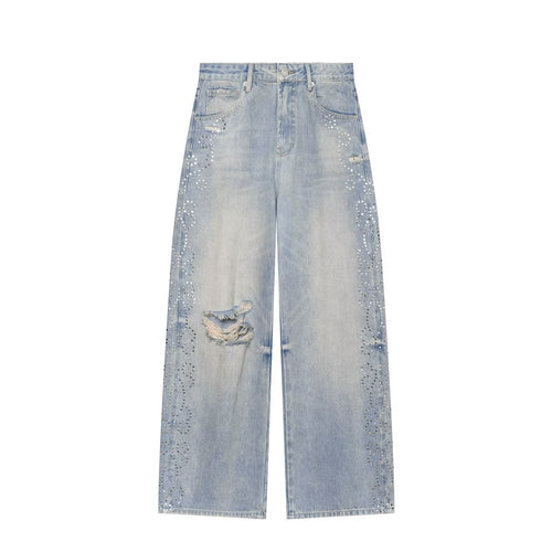 Damen High Waist Jeans mit weitem Bein, Destroyed-Details und Nietenapplikation Drune
