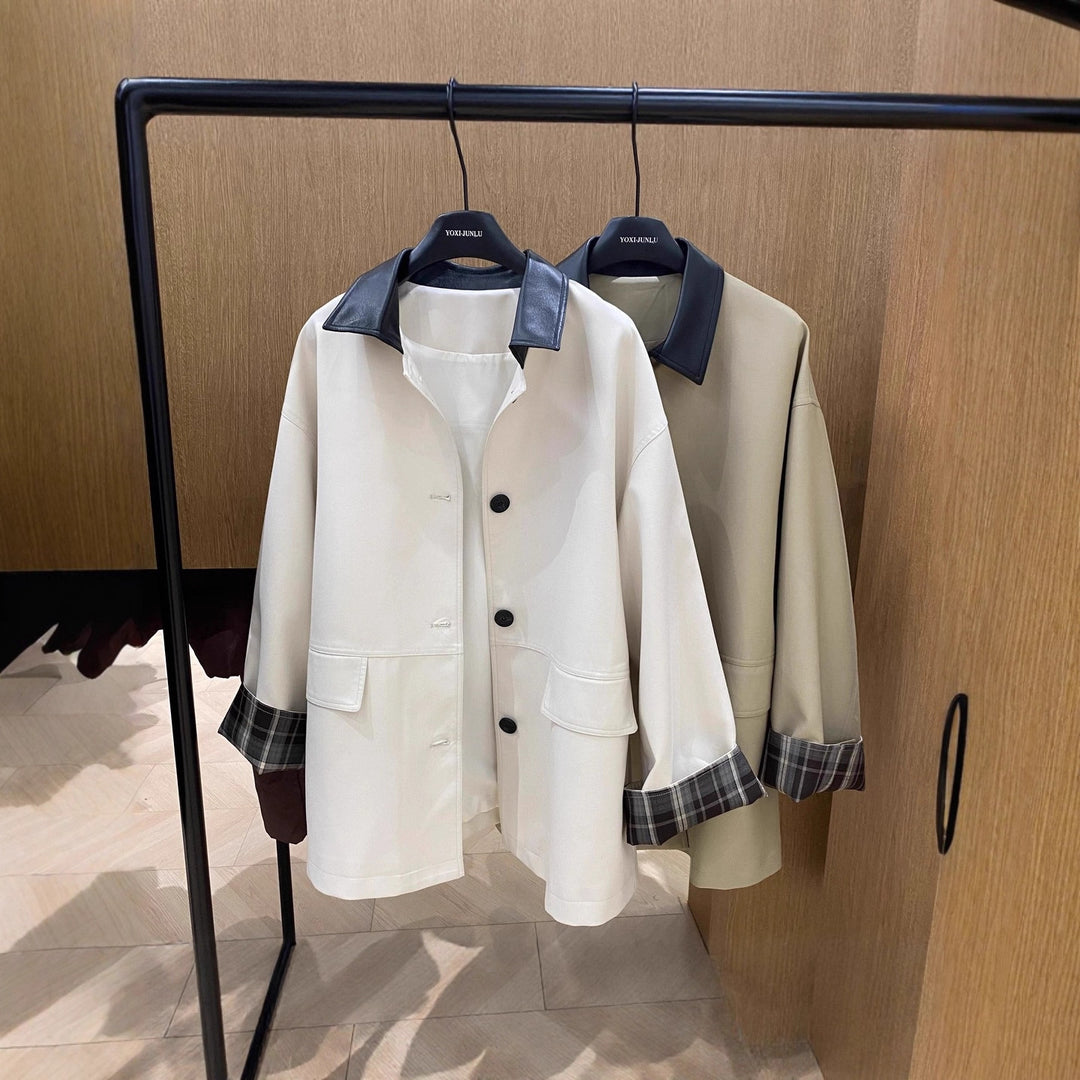Damen Oversized Trenchcoat mit Kontrastkragen und Karo-Futter Drune