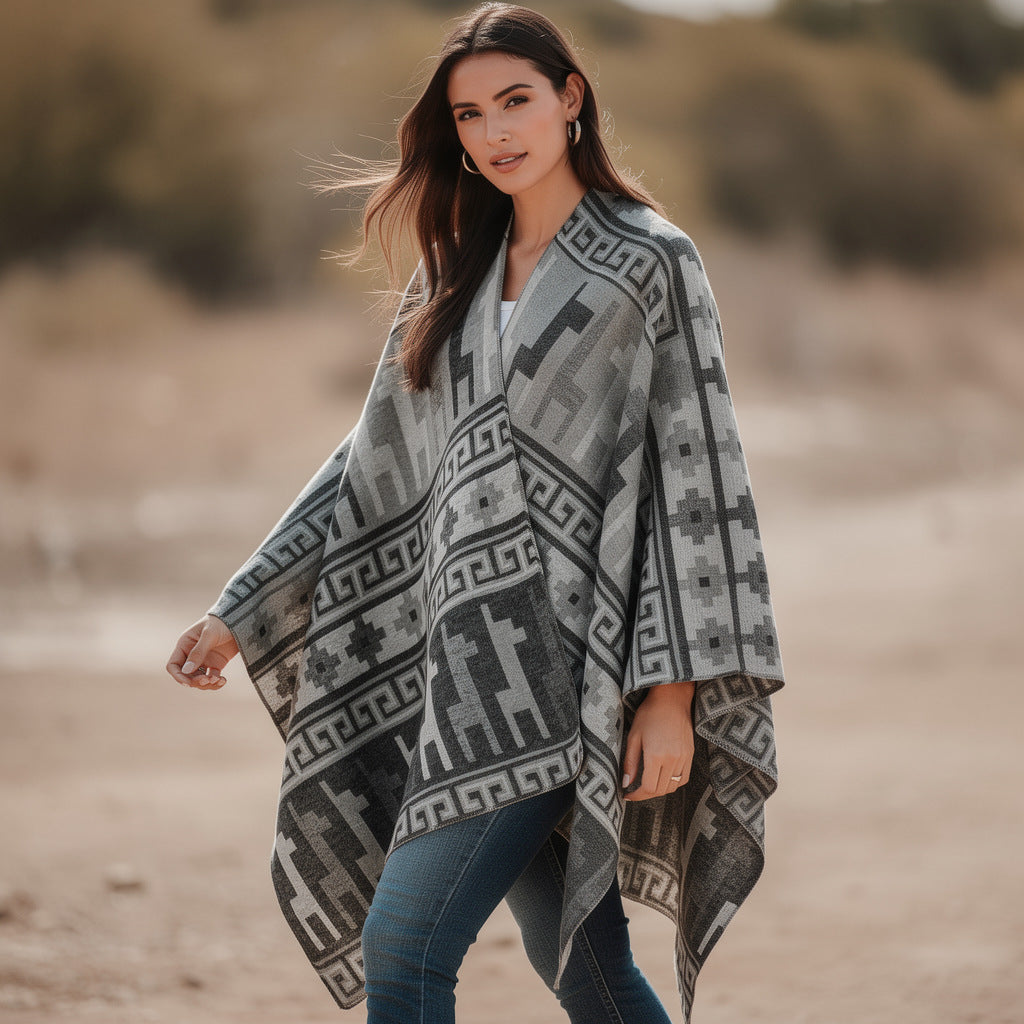 Damen Jacquard-Poncho mit Reitmotiv und geometrischem Bordürenmuster Drune