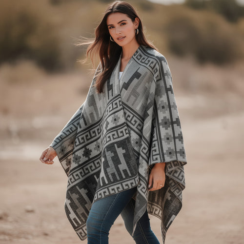 Damen Jacquard-Poncho mit Reitmotiv und geometrischem Bordürenmuster Drune