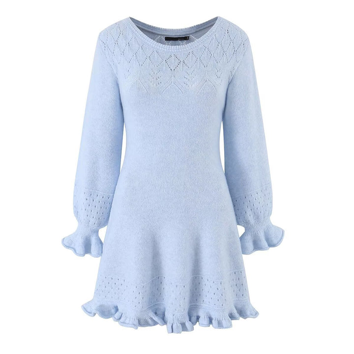 Damen Gestricktes A‑Linien Kleid mit Rüschenbündchen und Lochmuster Drune
