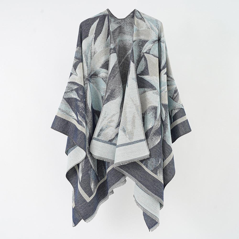 Damen Jacquard-Überwurfponcho mit floral-abstrakter Webstruktur und weichfallendem Oversize-Cape Drune