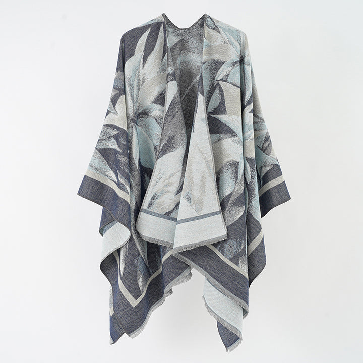Damen Jacquard-Überwurfponcho mit floral-abstrakter Webstruktur und weichfallendem Oversize-Cape Drune