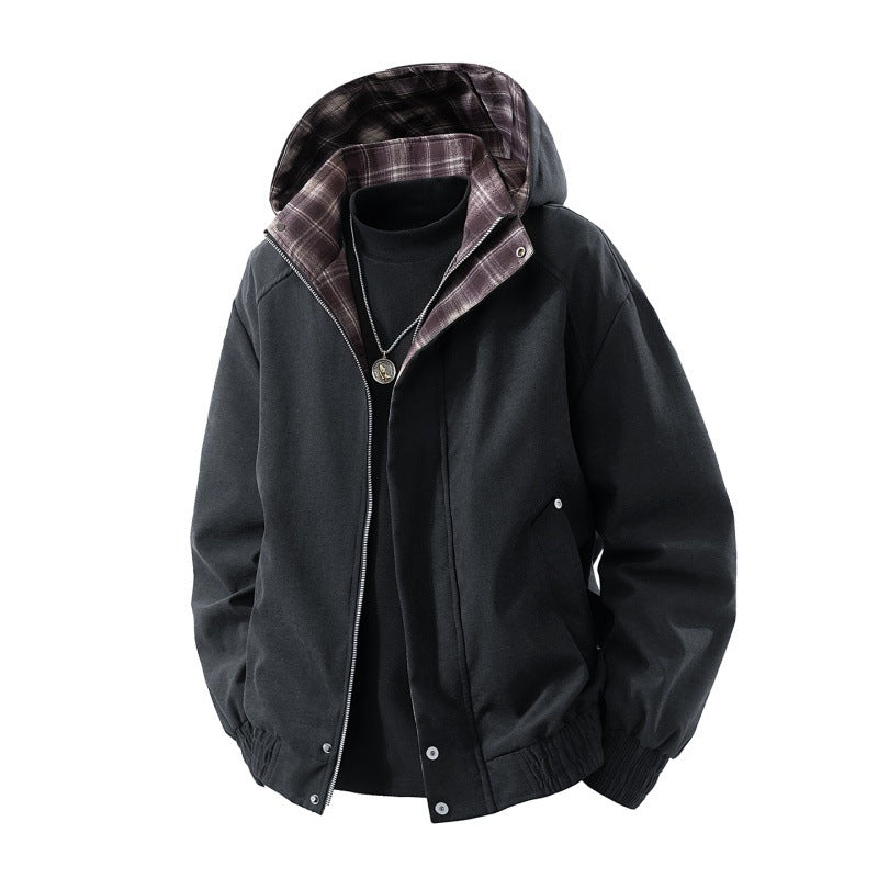 Herren gefütterte Kapuzenjacke mit kariertem Fleece-Innenfutter, elastischem Saum und verdecktem Reißverschluss Drune