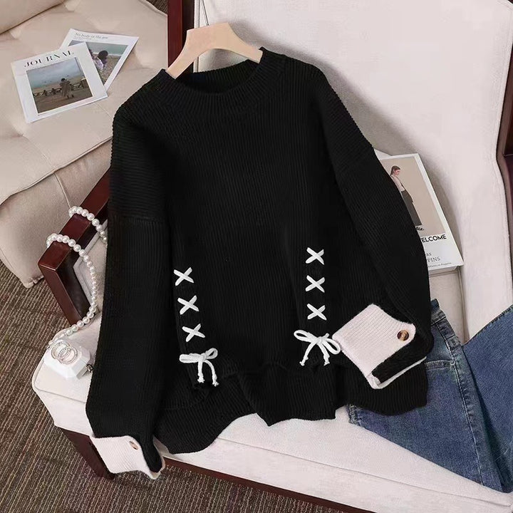Damen lässiger Strickpullover mit dekorativen Schleifen und Knopfdetails Drune