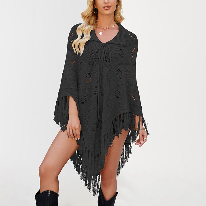 Damen Eleganter Strickponcho mit Fransen und Lochmuster Drune