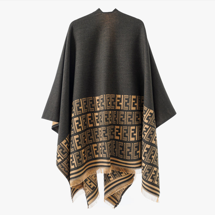 Damen Eleganter Cape-Überwurf im Kimono-Schnitt mit eingewebtem Monogramm und Fransensaum Drune