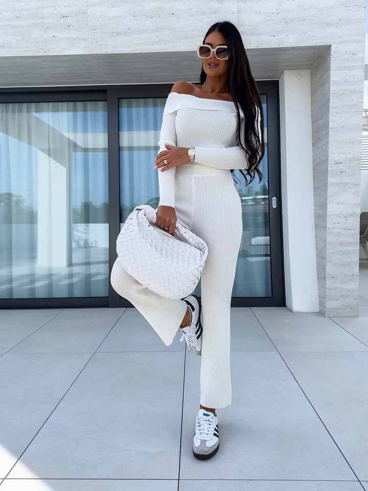 Damen elegante Knit-Jumpsuit mit schulterfreiem Design und weitem Bein Drune