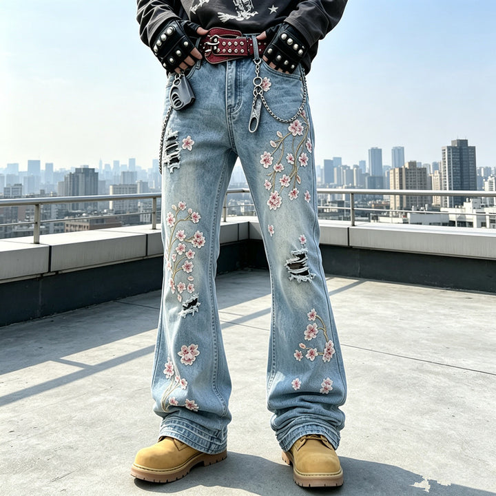 Damen Modische Flared Jeans mit Blumenstickerei Drune