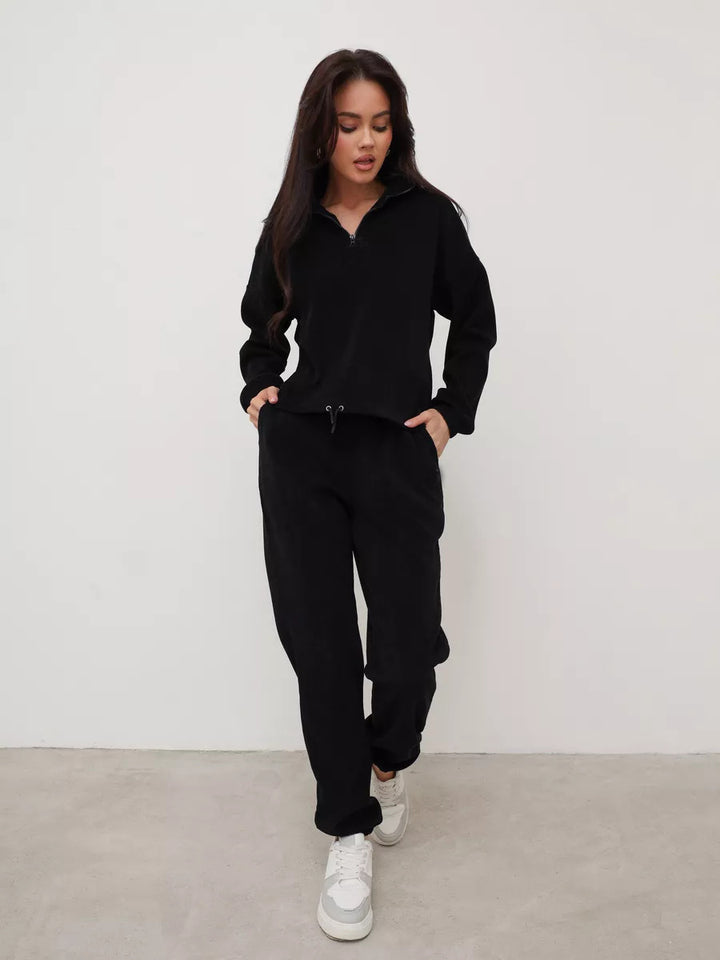 Damen weiches Lounge-Set mit halbem Reißverschluss, Kordelzughose und elastischen Bündchen Drune