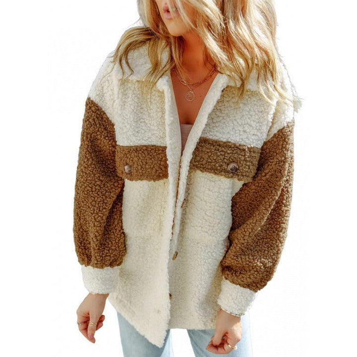 Drune | Damen Teddy Jacke mit Kontrastärmel