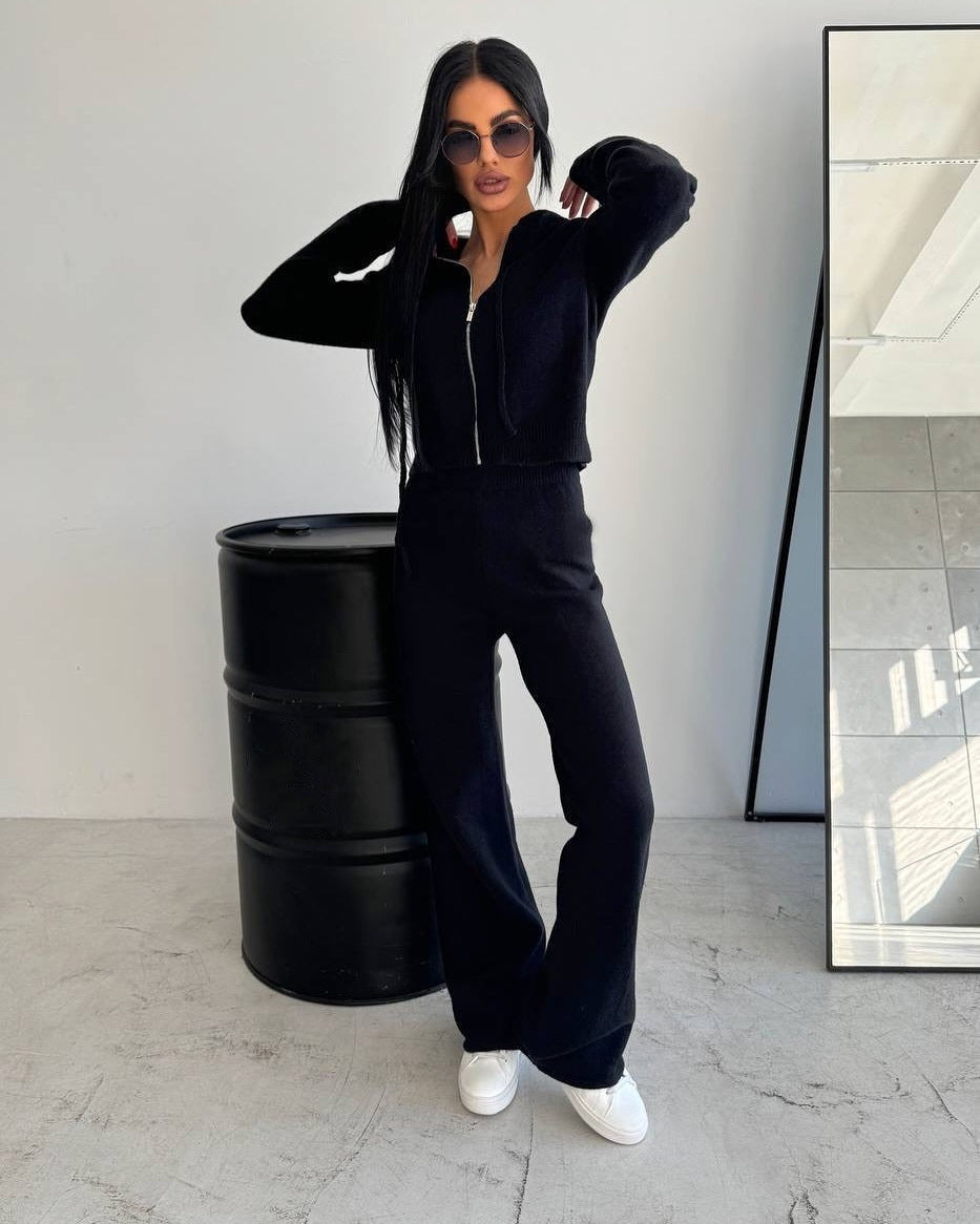 Damen Feinstrick-Loungewear-Set mit taillierter Kapuzenzipjacke und weiter Palazzo-Hose Drune