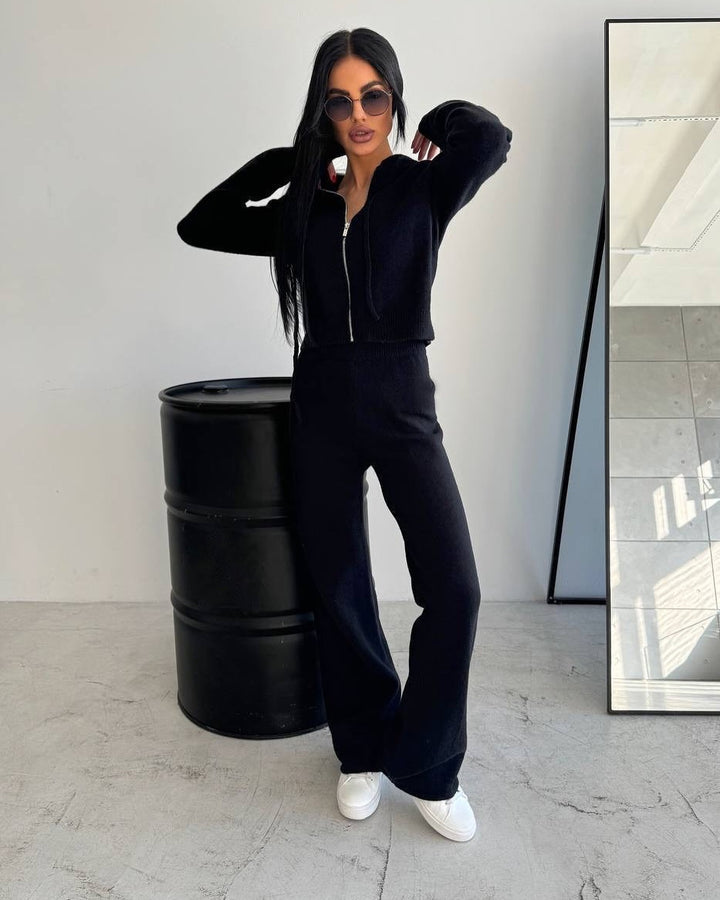 Damen Feinstrick-Loungewear-Set mit taillierter Kapuzenzipjacke und weiter Palazzo-Hose Drune
