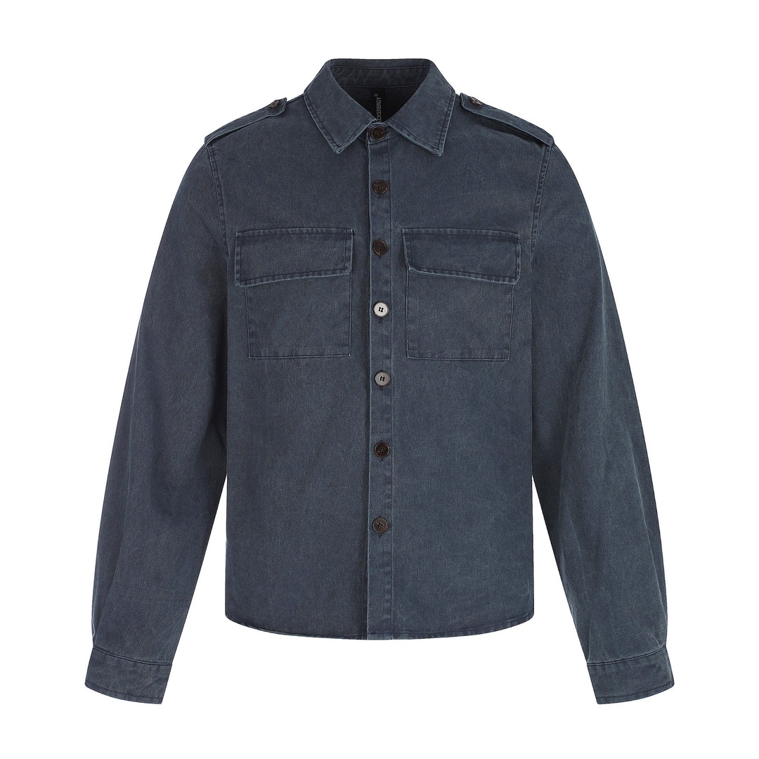 Herren Hemdjacke aus gewaschenem Denim mit Pattentaschen und Schulterklappen Drune