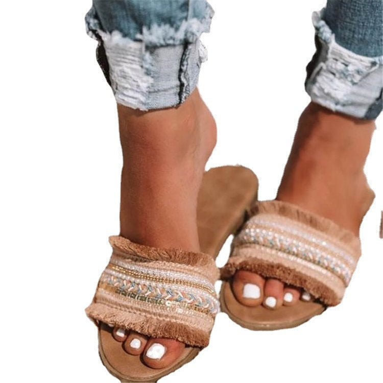 Damen Freizeit-Pantoletten mit flauschigem Design und dekorativen Fransen Drune