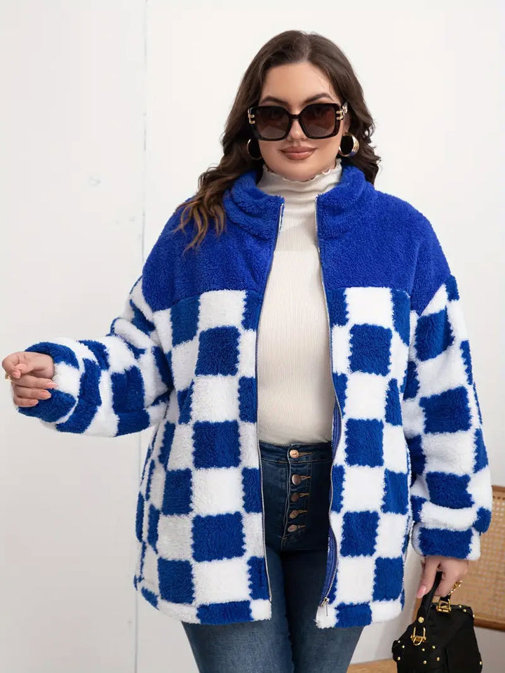 Damen Kariert‑Design Teddy‑Fleecejacke mit Stehkragen, Reißverschluss und Oversize‑Schnitt Drune