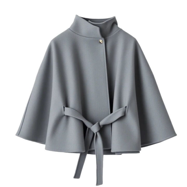 Damen elegante Umhangjacke mit Bindegürtel und hochgeschlossenem Kragen Drune