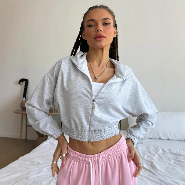 Damen Kurzgeschnittene Kapuzenjacke mit Reißverschluss, elastischem Bund und legerer Passform Drune