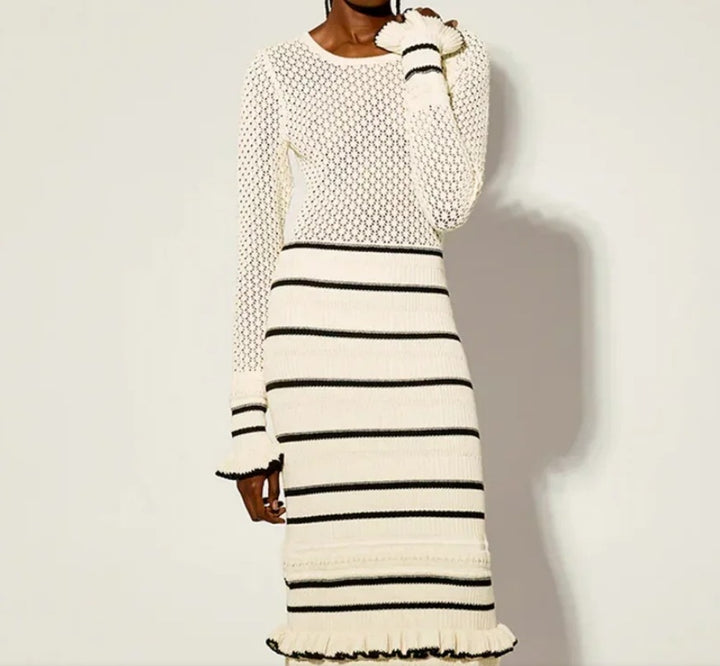 Damen Strickmaxikleid mit raffiniertem Lochmuster und kontrastierendem Streifen Drune