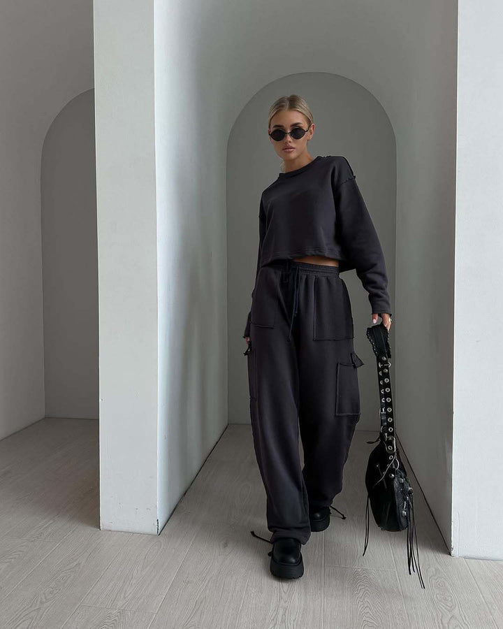 Damen kurzes Sweatshirt mit Kordelzug und Oversize-Ärmeln Drune