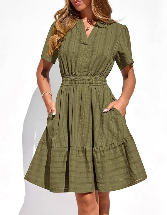 Damen Tailliertes Stufen-Midikleid mit Smokbund, V‑Ausschnitt und Eingrifftaschen Drune