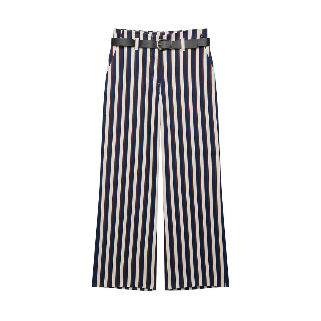 Damen Weite High‑Waist Culotte‑Hose mit verticalem Streifenmuster und Ziergürtel Drune