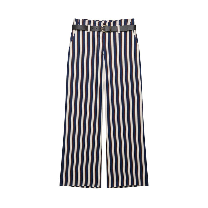 Damen Weite High‑Waist Culotte‑Hose mit verticalem Streifenmuster und Ziergürtel Drune