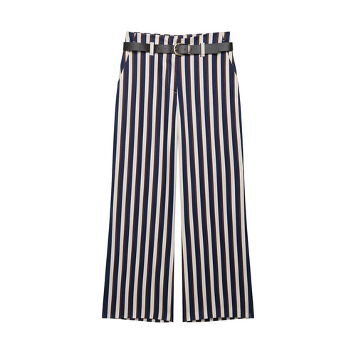 Damen Weite High‑Waist Culotte‑Hose mit verticalem Streifenmuster und Ziergürtel Drune