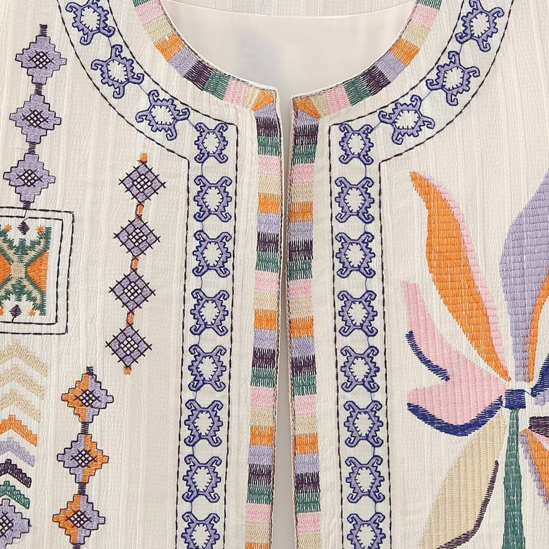 Damen bestickte ärmellose Boho‑Weste mit folkloristischen Motiven und offener Front Drune