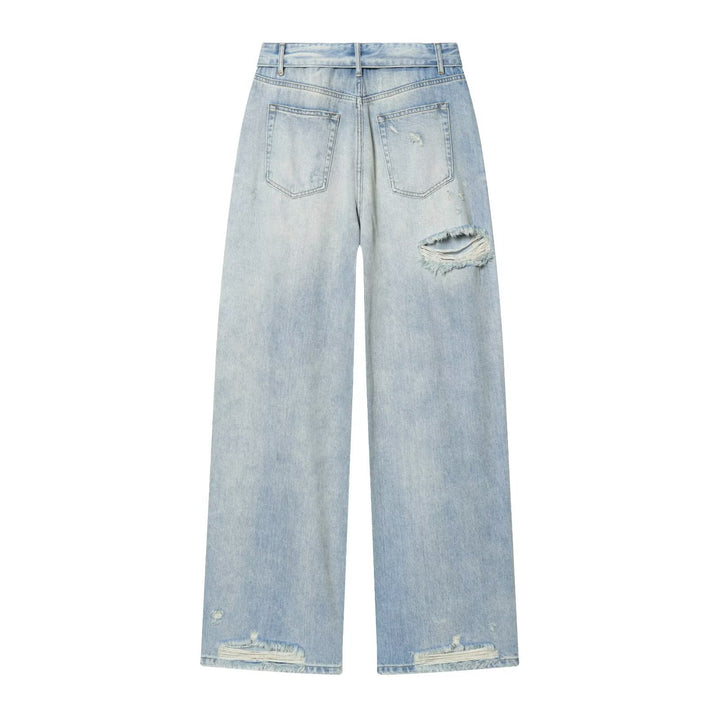 Damen High‑Waist Jeans mit weitem Bein, Destroyed‑Details und ausgefransten Knien Drune