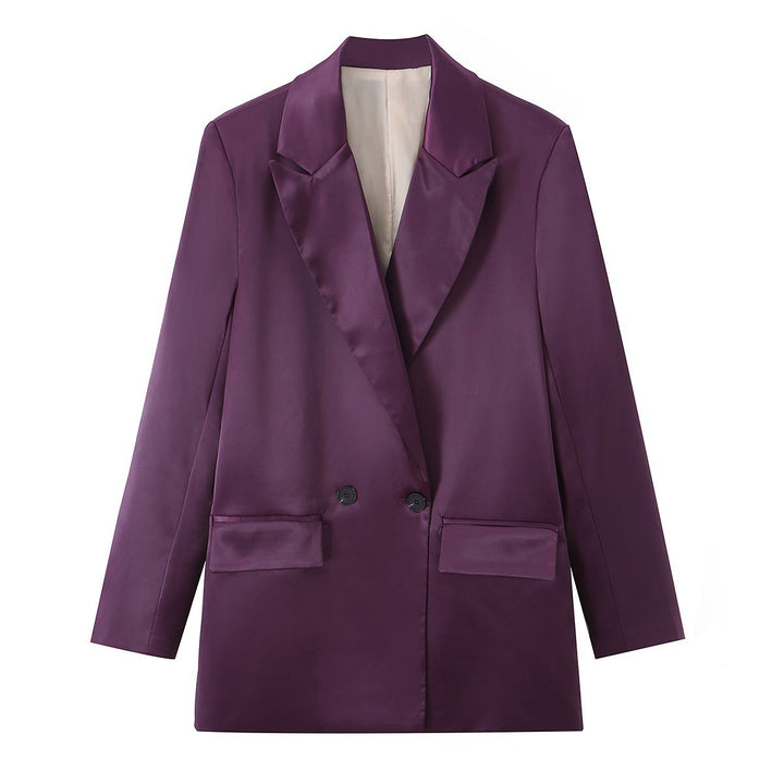 Damen Doppelreihiger Satin-Blazer mit spitzem Revers und Pattentaschen Drune