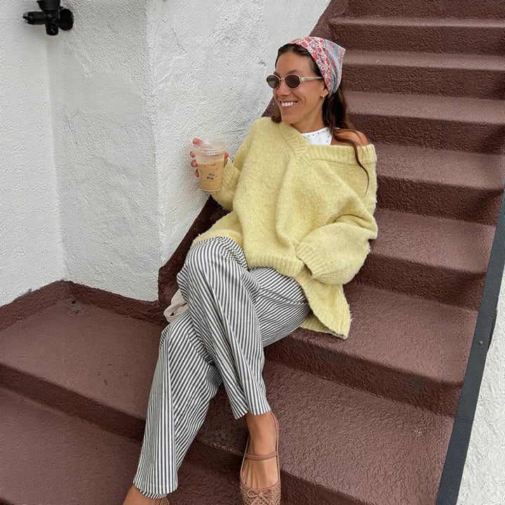 Damen Oversize-Flauschpullover mit tiefem V-Ausschnitt und voluminösen Ärmeln Drune