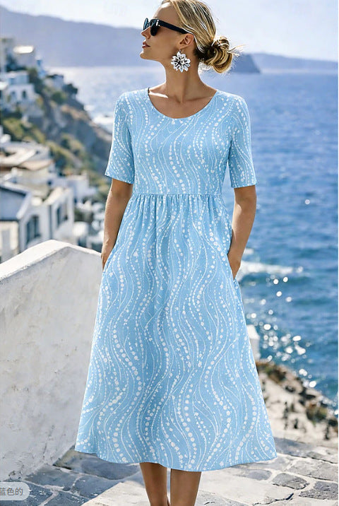 Damen Leichtes Midikleid mit Empire-Taille, halblangen Ärmeln und Eingrifftaschen Drune