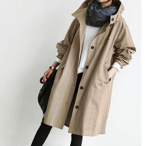 Damen nan leichter oversized Parka-Mantel mit Kapuze, Taillenzug und seitlichem Gehschlitz Drune