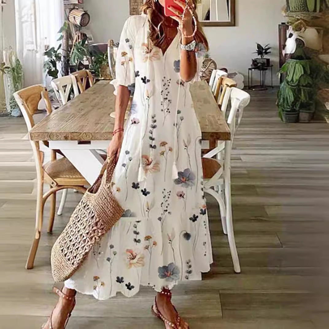 Damen nan luftiges Maxikleid in A-Linie mit V-Ausschnitt, legeren Aufschlagärmeln und floralem Alloverprint Drune