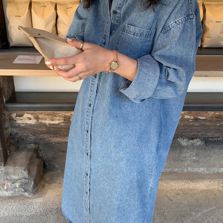 Damen Langes Oversize-Denim-Hemdblusenkleid im washed-Look mit Brusttasche und umgeschlagenen Ärmeln Drune