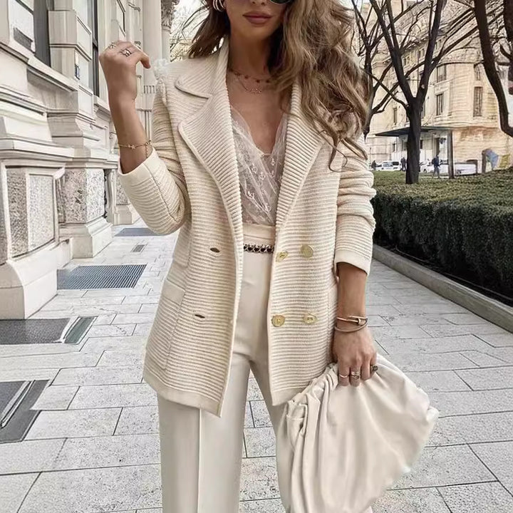 Damen Strukturierter Strick-Blazer mit Reverskragen und Doppelknopfleiste Drune