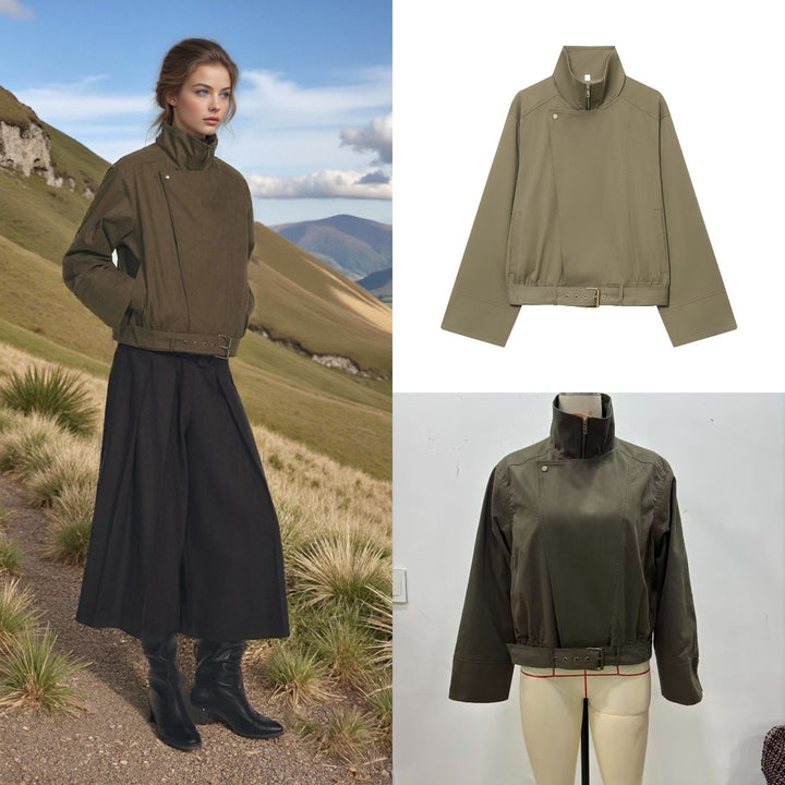 Damen Kurzblouson mit hohem Stehkragen, verdecktem Reißverschluss und Taillengürtel Drune