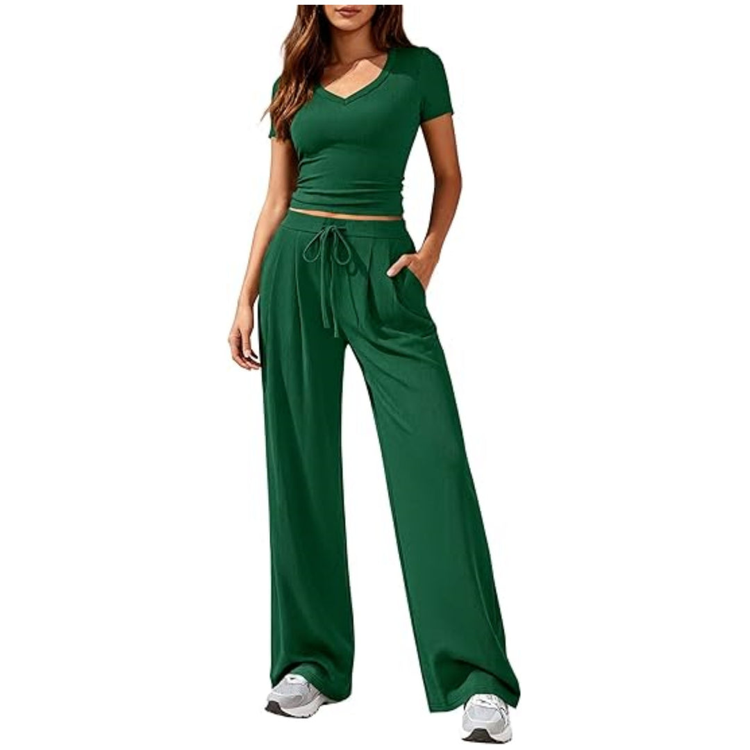 Damen Lässiges Lounge-Set mit tailliertem V-Ausschnitt bauchfreiem Top und weitem Kordelbund-Hose Drune