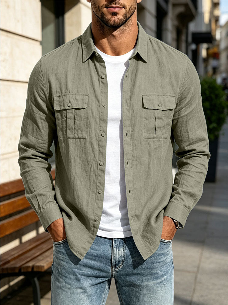 Herren Leichte Hemdjacke aus Baumwoll-Leinen mit Brusttaschen und lockerer Passform Drune