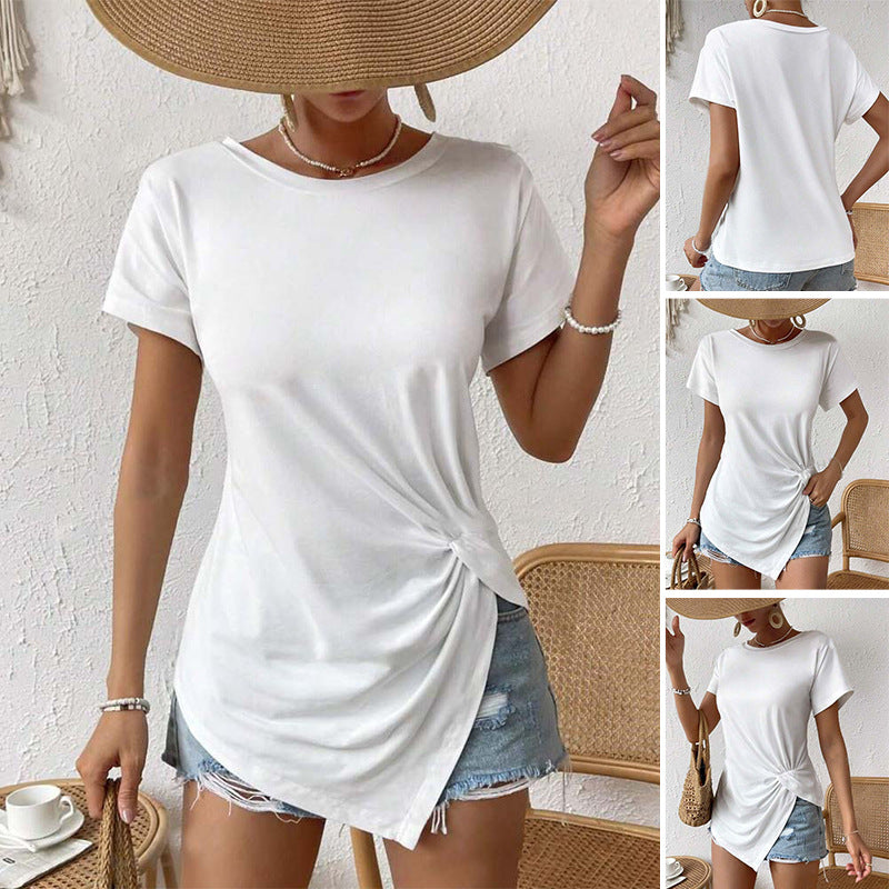 Damen nan asymmetrisches Knotenshirt mit seitlicher Drehung und verlängertem Zipfelsaum Drune