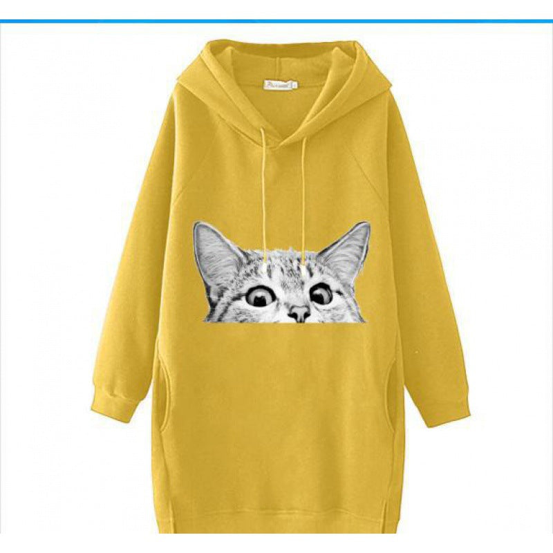 Damen Oversize Kapuzenkleid aus Sweat mit großem Katzenprint und Seitentaschen Drune