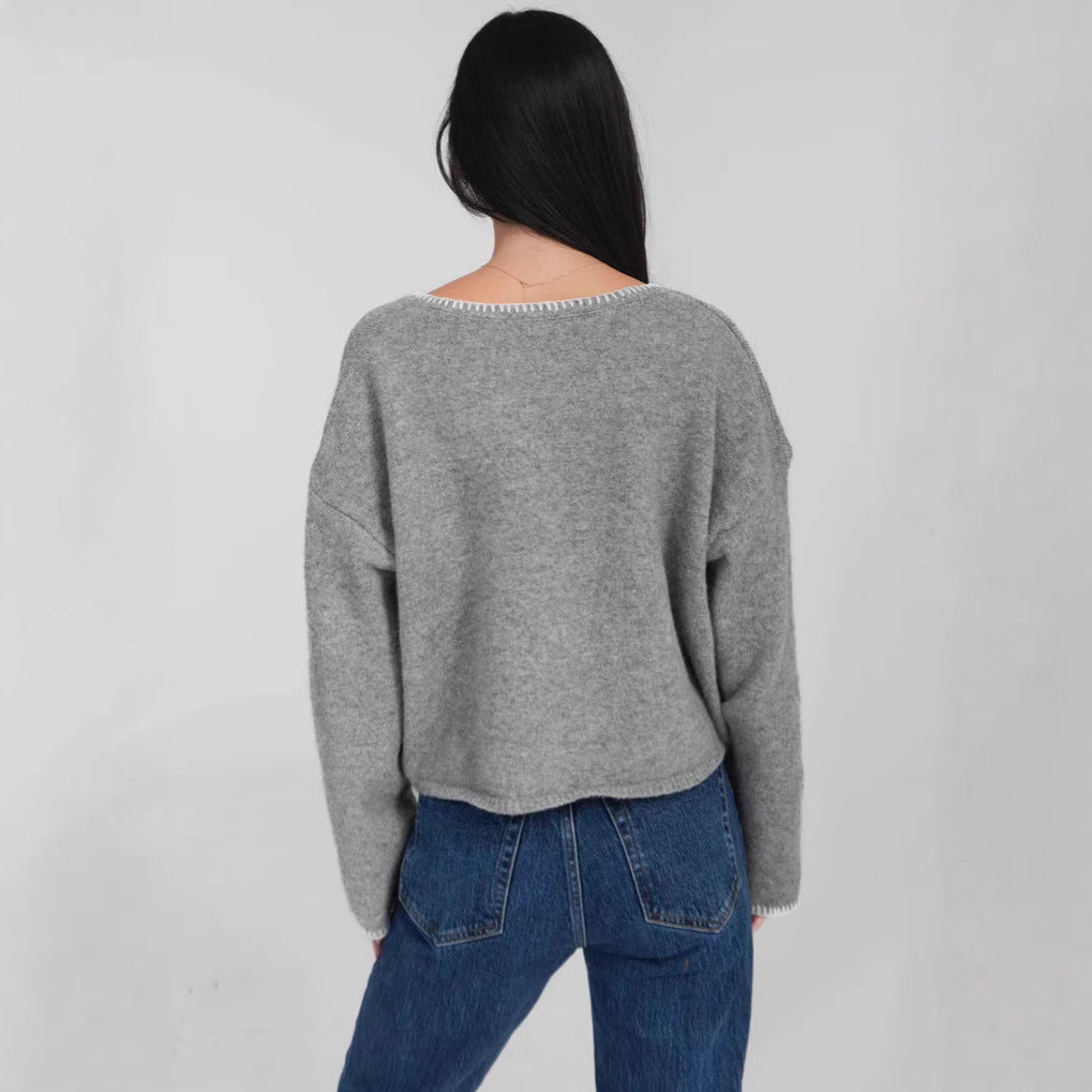 Damen gemütlicher Cropped Pullover mit asymmetrischem Design und praktischen Taschen Drune