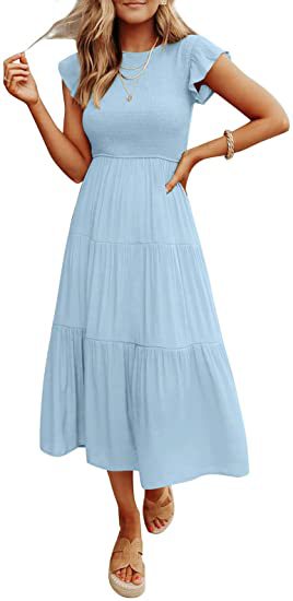 Damen Midikleid mit gesmoktem Oberteil und voluminösem Rock Drune